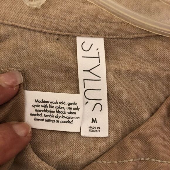 Stylus Mens Solid Short Sleeve Collared Button Down Shirt Beige Medium - Picture 8 of 8